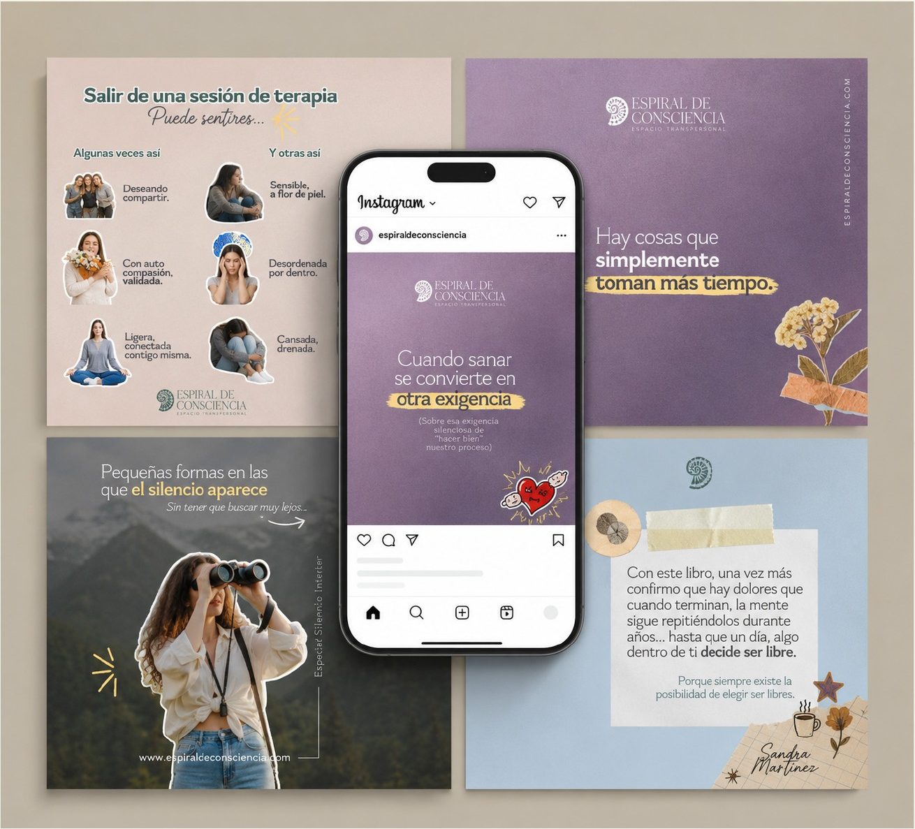Publicaciones de Instagram con ilustraciones y paleta violeta