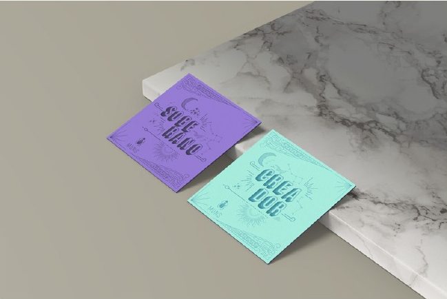 Postales ilustradas en violeta y turquesa